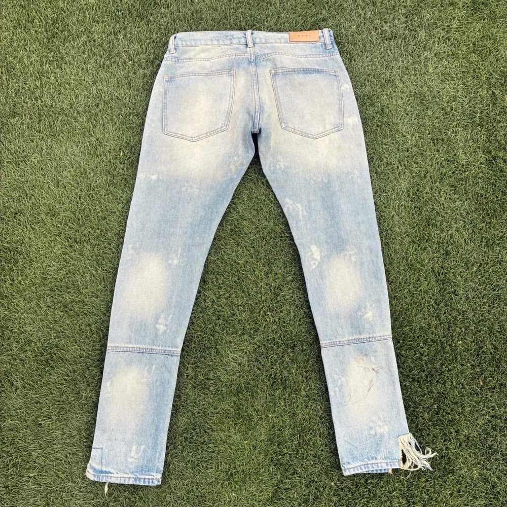 MNML Mens 32x33 Slim Fit Acid Wash Distressed Hem Denim Jeans Light Blue